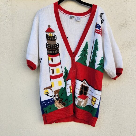 5/$100 SALE -  Vintage Patriotic Red White Blue Knit Sweater - Picture 3 of 6